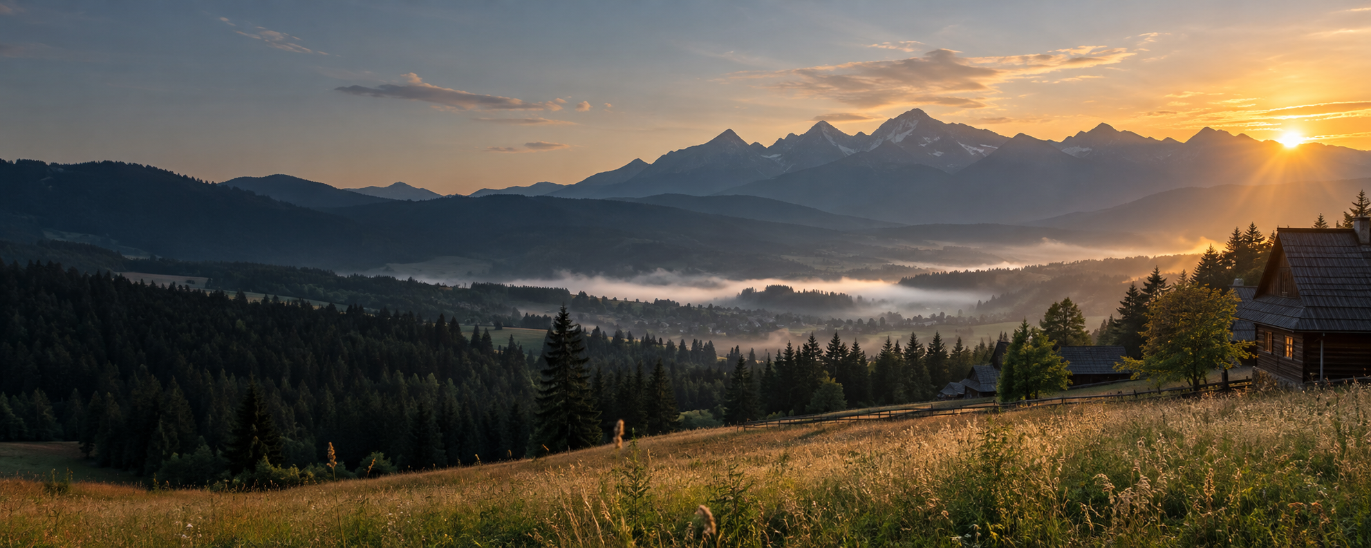 Poranek na Podhalu z widokiem na Tatry